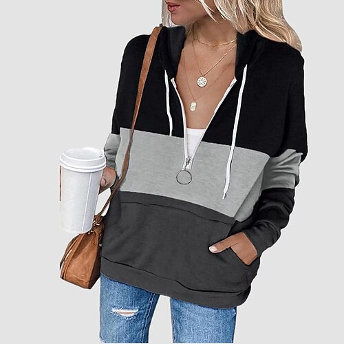 

Women's Hoodie Pullover Pink Black Hooded Color Block Zipper Print Daily Going out Casual Clothing Apparel Hoodies Sweatshirts