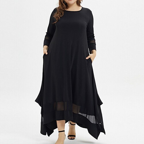 

abito casual taglie forti da donna girocollo color puro manica a 3/4 primavera autunno abito maxi casual casual abito da vacanza quotidiano / abito nero