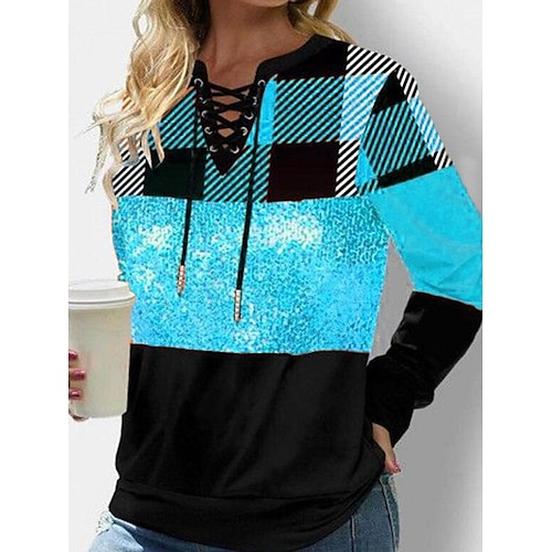 

Women's Sweatshirt Pullover Basic Blue Sky Blue Plaid Color Block Street V Neck Long Sleeve S M L XL XXL