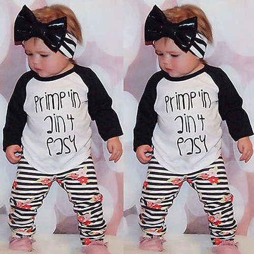 

2 Pieces Kids Girls' T-shirt & Pants Clothing Set Outfit Floral Letter Stripe Long Sleeve Cotton Set Vacation Sweet Winter Fall 1-5 Years White