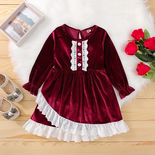 

Kids Girls' Dress Solid Color A Line Dress Above Knee Dress Outdoor Cotton Long Sleeve Fashion Dress 3-7 Years Winter Wine Red / Fall