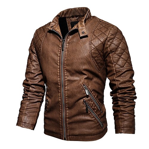 

Men's Faux Leather Jacket Biker Jacket Motorcycle Jacket Durable Casual / Daily Daily Wear Vacation To-Go Zipper Stand Collar Comfort Leisure Jacket Outerwear Solid / Plain Color Pocket Black Ginger