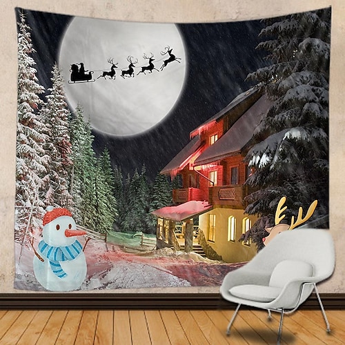 

Christmas Tree Wall Tapestry Photography Background Art Decor Santa Claus Gift Snowman Fireplace Blanket Hanging Home Bedroom Living Room Decoration Polyester