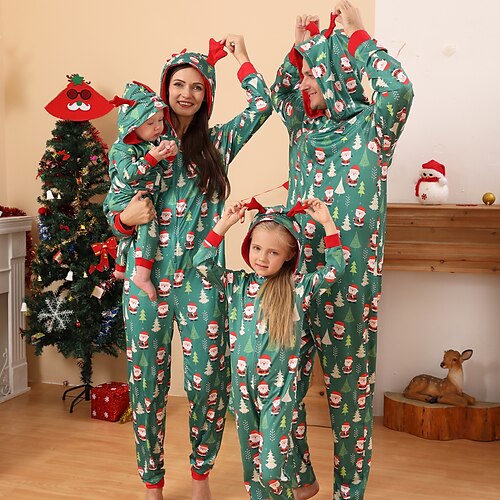 

Family Look Christmas Pajamas Santa Claus Christmas Tree Home Green Long Sleeve Basic Matching Outfits