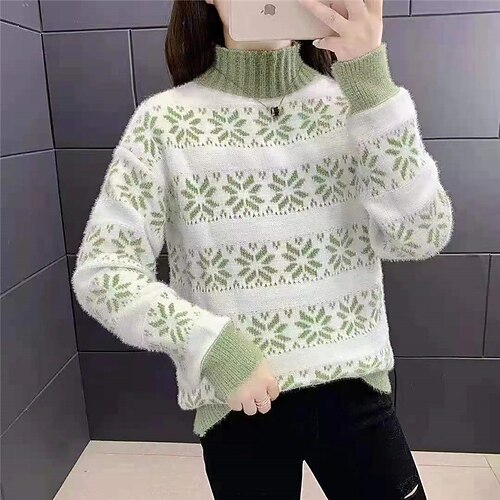 

Women's Ugly Sweater Pullover Sweater jumper Jumper Ribbed Knit Knitted Snowflake Turtleneck Stylish Casual Outdoor Christmas Winter Fall Green Blue One-Size / Long Sleeve