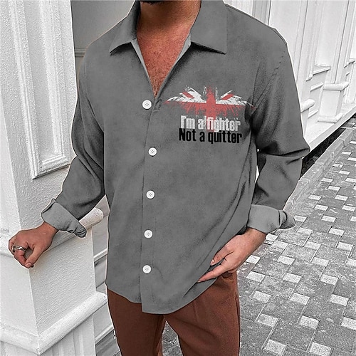 

Men's Shirt Letter National Flag Turndown Green Gray 3D Print Outdoor Street Long Sleeve Button-Down Print Clothing Apparel Fashion Designer Casual Breathable