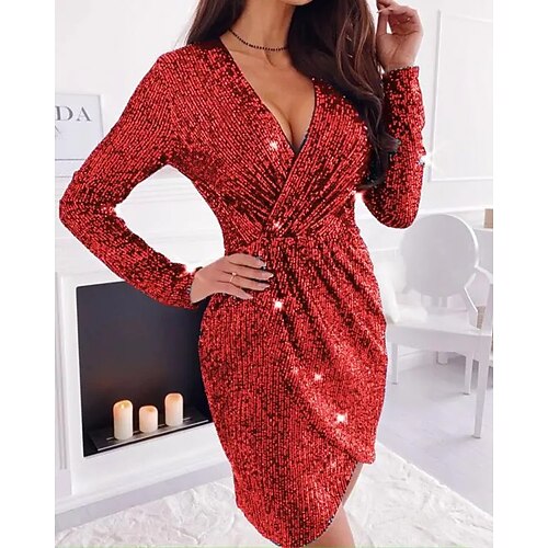 

Sheath / Column Cocktail Dresses Christmas Party Dress Party Wear Tea Length Long Sleeve V Neck Sequined with Ruched Sequin 2022