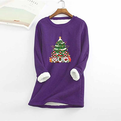 

Women's Plus Size Christmas Fleece Tops Winter Animal Tree Print Long Sleeve Crew Neck Casual Sherpa Fleece Vacation Polyester Fall Green Yellow / T Shirt Dress Tee Dress / Casual Dress