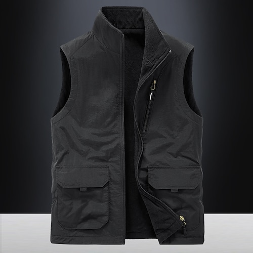 

Men's Vest Warm Breathable Soft Daily Wear Going out Festival Zipper Standing Collar Basic Business Casual Jacket Outerwear Solid Colored Pocket Black Dark Gray khaki