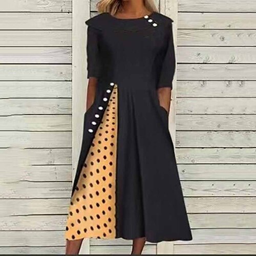 

Women's Casual Dress Swing Dress Midi Dress Black Long Sleeve Polka Dot Pocket Print Winter Fall Crew Neck Vacation Casual Fall Dress Loose Fit 2022 S M L XL XXL / Winter Dress