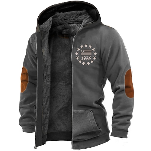 

Men's Fleece Jacket Full Zip Hoodie Fleece Hoodie Sherpa Jacket Dark Gray Hooded Graphic Prints National Flag Zipper Print Sports & Outdoor Daily Sports 3D Print Fleece Streetwear Designer Casual