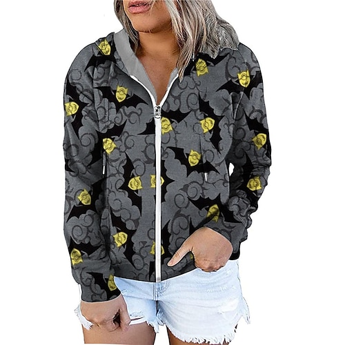 

Women's Plus Size Tops Hoodie Sweatshirt Bat Zipper Print Long Sleeve Hooded Casual Halloween Halloween Vacation Polyester Fall Winter Gray