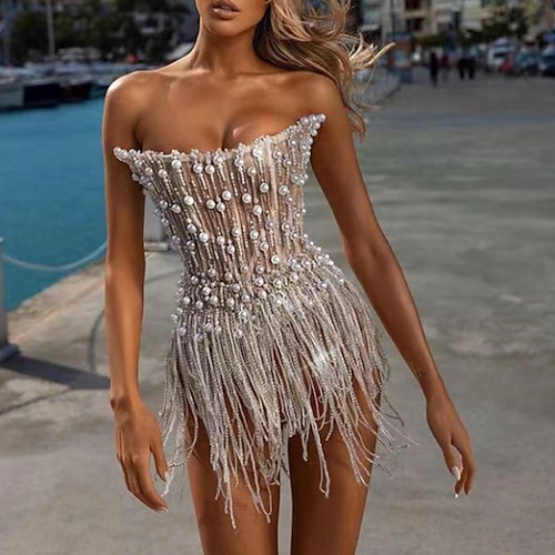 

Sheath / Column Evening Gown Luxurious Dress Formal Short / Mini Sleeveless Strapless Spandex with Crystals Tassel 2022 / Cocktail Party