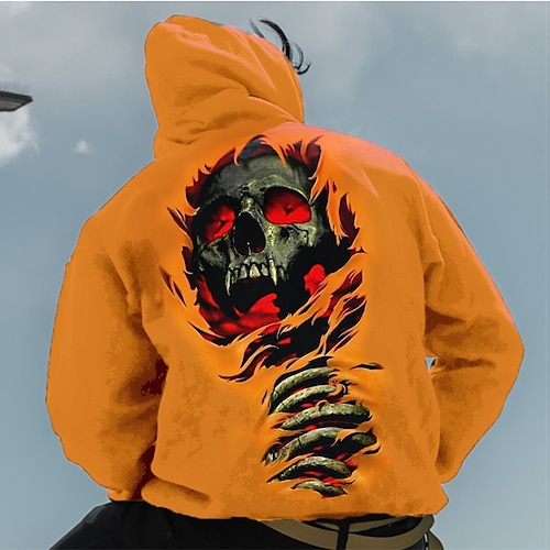 

Men's Pullover Hoodie Sweatshirt Orange Hooded Skull Graphic Prints Print Daily Sports 3D Print Basic Streetwear Designer Spring Fall Clothing Apparel Hoodies Sweatshirts Long Sleeve