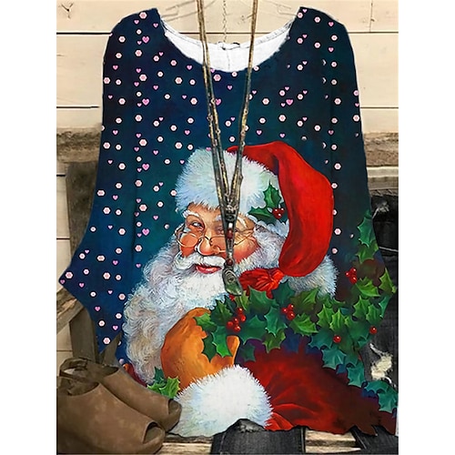 

Women's Plus Size Christmas Tops Blouse Shirt Santa Claus Print Long Sleeve Crewneck Casual Daily Polyester Winter Fall Navy Blue