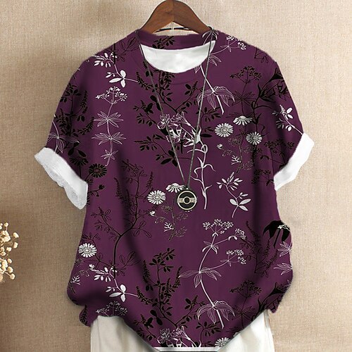 

Women's Plus Size Tops T shirt Tee Floral Print Short Sleeve Crewneck Streetwear Daily Sports Cotton Spandex Jersey Spring Summer Green Blue