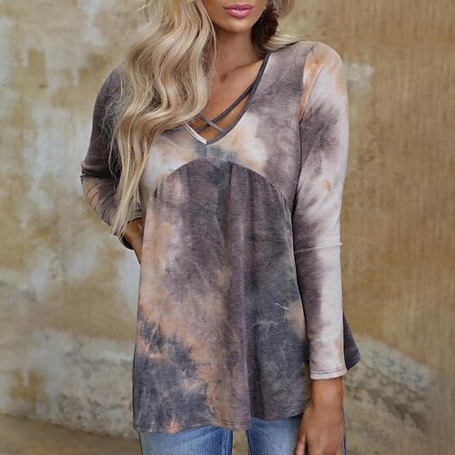 

Women's T shirt Tee Gray Tie Dye Print Long Sleeve Holiday Weekend Basic V Neck Regular Abstract Painting S