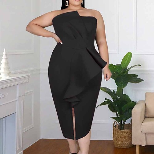 

Women's Plus Size Party Dress Solid Color Strapless Sleeveless Fall Winter Elegant Formal Sexy Midi Dress Formal Party Dress