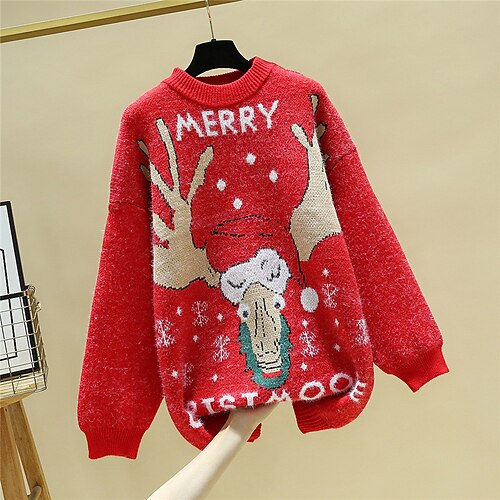 

Women's Ugly Christmas Sweater Pullover Sweater Jumper Ribbed Knit Knitted Letter Crew Neck Stylish Casual Outdoor Christmas Winter Fall Red One-Size / Long Sleeve / Weekend / Holiday / Regular Fit