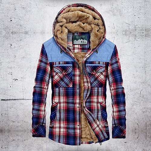 

Men's Coat With Pockets Daily Wear Vacation Going out Zipper Hoodie Streetwear Casual Daily Outdoor Jacket Outerwear Plaid Print Green Red / Long Sleeve