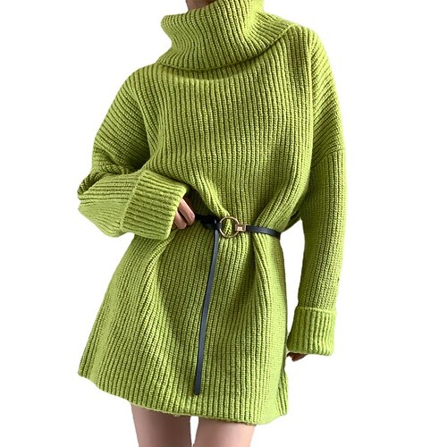 

Women's Sweater Dress Shift Dress Green Long Sleeve Pure Color Patchwork With Belt Winter Fall Turtleneck Fashion Modern Fall Dress Loose Fit 2022 One-Size / Winter Dress