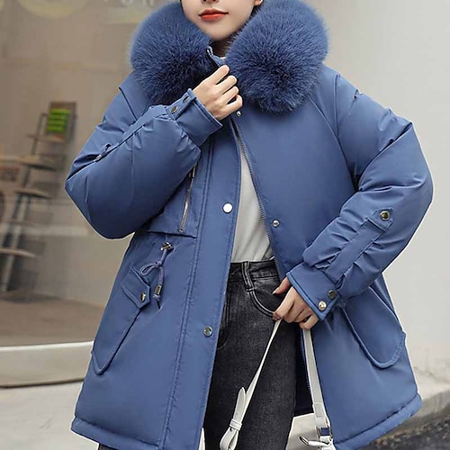 

Women's Winter Jacket Winter Coat Parka Warm Breathable Outdoor Daily Wear Vacation Going out Pocket Fur Collar Fleece Lined Zipper Hoodie Casual Lady Comfortable Solid Color Regular Fit Outerwear