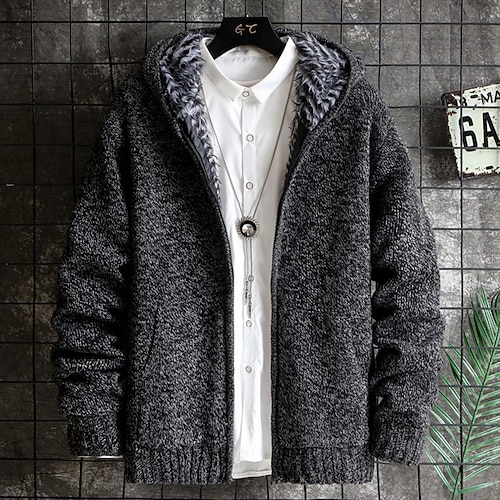 

Men's Cardigan Sweater Fleece Sweater Ribbed Knit Pocket Knitted Solid Color Hooded Warm Ups Modern Contemporary Daily Wear Going out Clothing Apparel Fall & Winter Black Blue M L XL