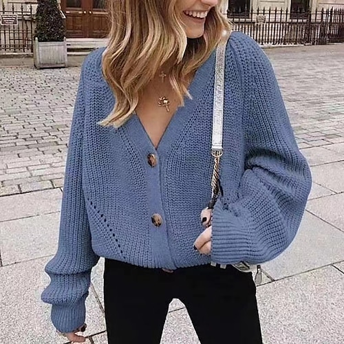 

Women's Cardigan Sweater Jumper Waffle Knit Hollow Out Solid Color V Neck Casual Daily Weekend Winter Fall Blue Gray One-Size / Long Sleeve / Loose Fit