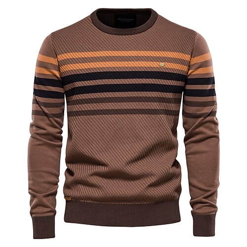 

Men's Pullover Sweater Jumper Ribbed Knit Knitted Stripes Round Keep Warm Modern Contemporary Daily Wear Going out Clothing Apparel Winter Fall Coffee S M L