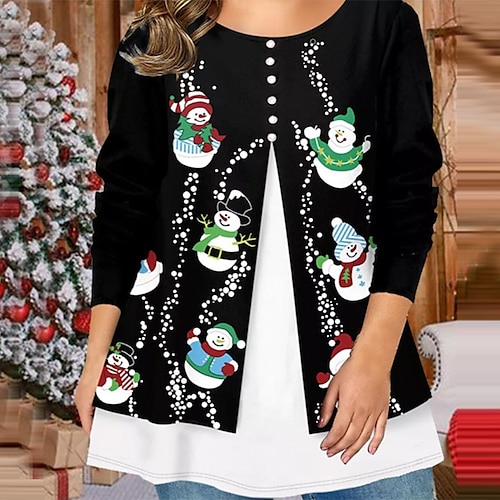 

Women's Plus Size Christmas Tops Blouse Shirt Polka Dot Snowman Print 3/4 Length Sleeve Crew Neck Casual Daily Polyester Winter Fall Black