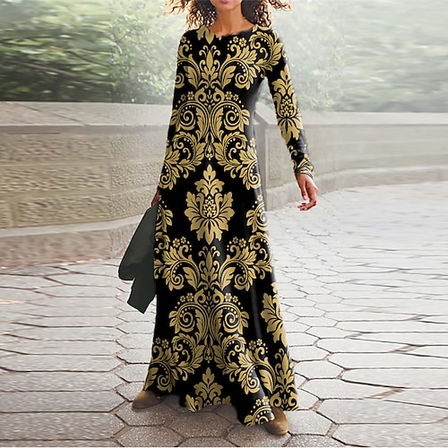 

Women's Casual Dress Swing Dress Long Dress Maxi Dress Yellow Long Sleeve Floral Pocket Winter Fall Autumn V Neck Winter Dress Fall Dress 2022 S M L XL XXL 3XL