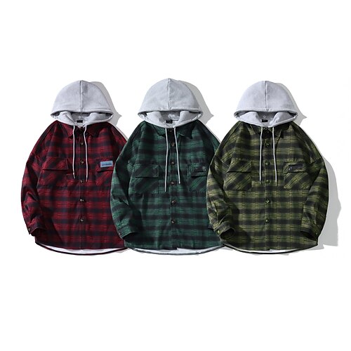 

Men's Flannel Shirt Shirt Jacket Shacket Overshirt Plaid Hooded Light Green Dark Green Red Street Daily Long Sleeve Button-Down Clothing Apparel Fashion Casual Comfortable