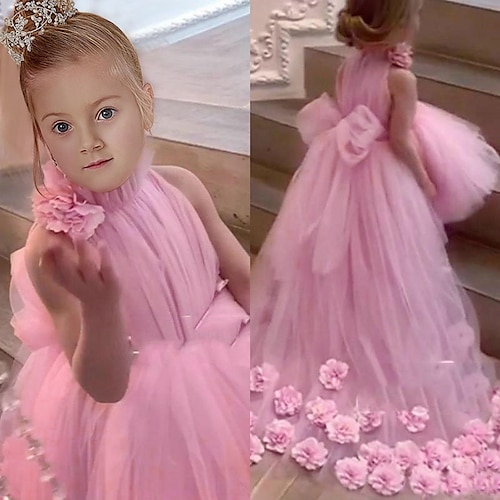 

Prinsesse Børsteslæb Blomsterpigekjole Konfirmation Sød gallakjole Satin med Sløjfe(r) Passer 3-16 år