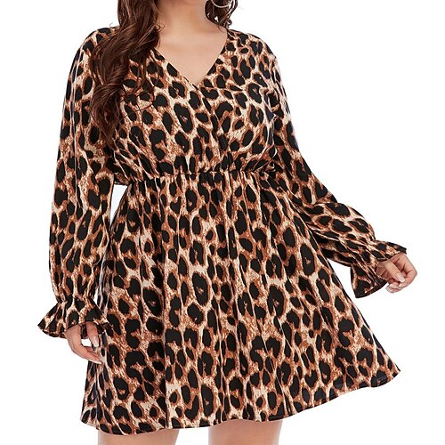 

Women's Plus Size A Line Dress Leopard V Neck Long Sleeve Winter Fall Stylish Casual Short Mini Dress Daily Vacation Dress