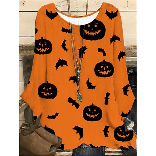 

Women's Plus Size Tops Blouse Shirt Pumpkin Bat Print Long Sleeve Crewneck Casual Halloween Halloween Daily Polyester Fall Winter Purple Yellow