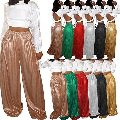

Women's Wide Leg Pants Trousers Pure Color Sparkly Regular Spring & Fall