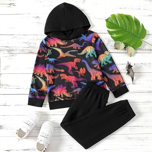 

Kids Boys Hoodie & Pants Outfit Animal Dinosaur Long Sleeve Set Outdoor Sports Cool Winter Fall 7-13 Years Black