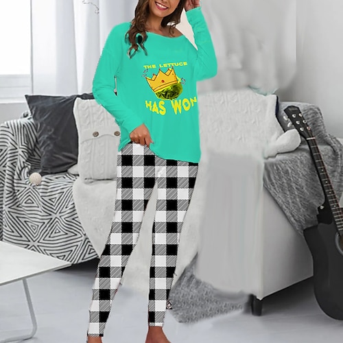 

Women's ChristmasPjs Plus Size Pajamas Sets Letter Grid / Plaid Fashion Comfort Soft Home Carnival Cotton Spandex Jersey Breathable Long Sleeve T shirt Tee Pant Elastic Waist Fall Spring Lake blue