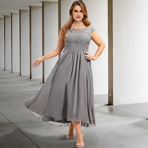 

A-Line Plus Size Curve Mother of the Bride Dresses Elegant Dress Formal Tea Length Short Sleeve Jewel Neck Chiffon with Pleats Ruched Appliques 2022