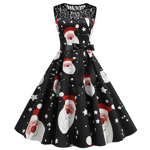 

Women's Christmas Party Dress Lace Dress Midi Dress Black Sleeveless Santa Claus Print hat Lace Ruched Bow Winter Fall Crew Neck Vintage Party 2022 S M L XL 2XL