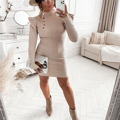 

Women's Sweater Dress Winter Dress Sheath Dress Blue Khaki Long Sleeve Pure Color Button Knit Winter Fall Turtleneck Romantic Sexy Mature 2022 S M L XL 2XL 3XL Winter Dress