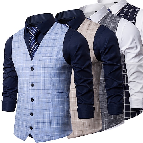 

Men's Vest Breathable Soft Comfortable Daily Wear Going out Festival Single Breasted V Neck Basic Business Casual Jacket Outerwear Plaid Pocket Camel ash-colored Dark Blue