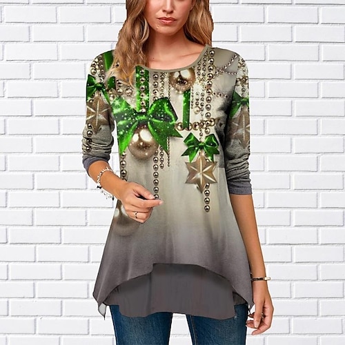 

Women's Shirt Green Blue Red Graphic Print Long Sleeve Christmas Casual Streetwear Round Neck Long S