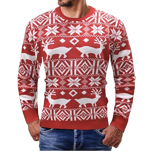 

Men's Ugly Christmas Sweater Pullover Sweater Jumper Ribbed Knit Cropped Knitted Animal Patterned Crew Neck Keep Warm Modern Contemporary Christmas Daily Wear Clothing Apparel Spring & Fall Red S M L