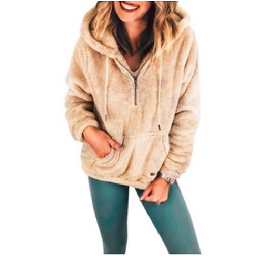 

Women's Hoodie Sweatshirt Pullover Sherpa Fleece Teddy Zipper Front Pocket Pink khaki Coffee Solid Color Street Hoodie Long Sleeve Fleece S M L XL 2XL