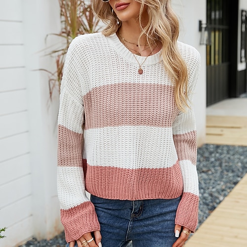 

Women's Pullover Sweater jumper Jumper Chunky Knit Cropped Patchwork Striped Crew Neck Casual Daily Winter Fall Pink Yellow S M L / Long Sleeve / Loose Fit