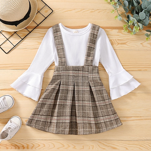 

2 Stück kinderkleidung Mädchen T-Shirt Rock Kleidungsset Outfit Plaid Langarm Baumwolle Set Outdoor Kuschelig Täglich Winter Herbst 2-6 Jahre Kamel