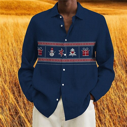 

Men's Shirt Tree Turndown Blue Gray 3D Print Outdoor Christmas Long Sleeve Button-Down Print Clothing Apparel Fashion Designer Casual Breathable