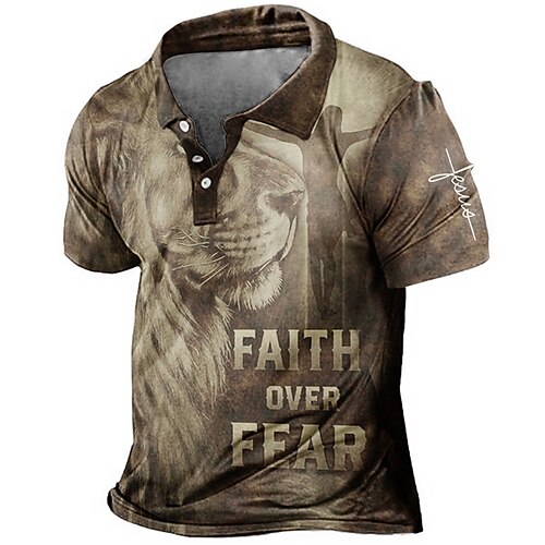 

Men's Collar Polo Shirt Golf Shirt Animal Letter Lion Turndown Yellow Gray 3D Print Outdoor Street Short Sleeves Button-Down Print Clothing Apparel Fashion Designer Casual Breathable / Summer