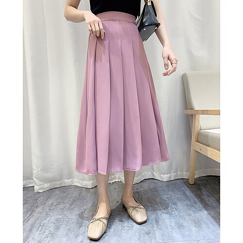 

Women's Skirt Swing Midi Polyester Light Blue Water Blue Goose yellow Leather Pink Skirts Pleated Fashion Casual Daily Weekend One-Size